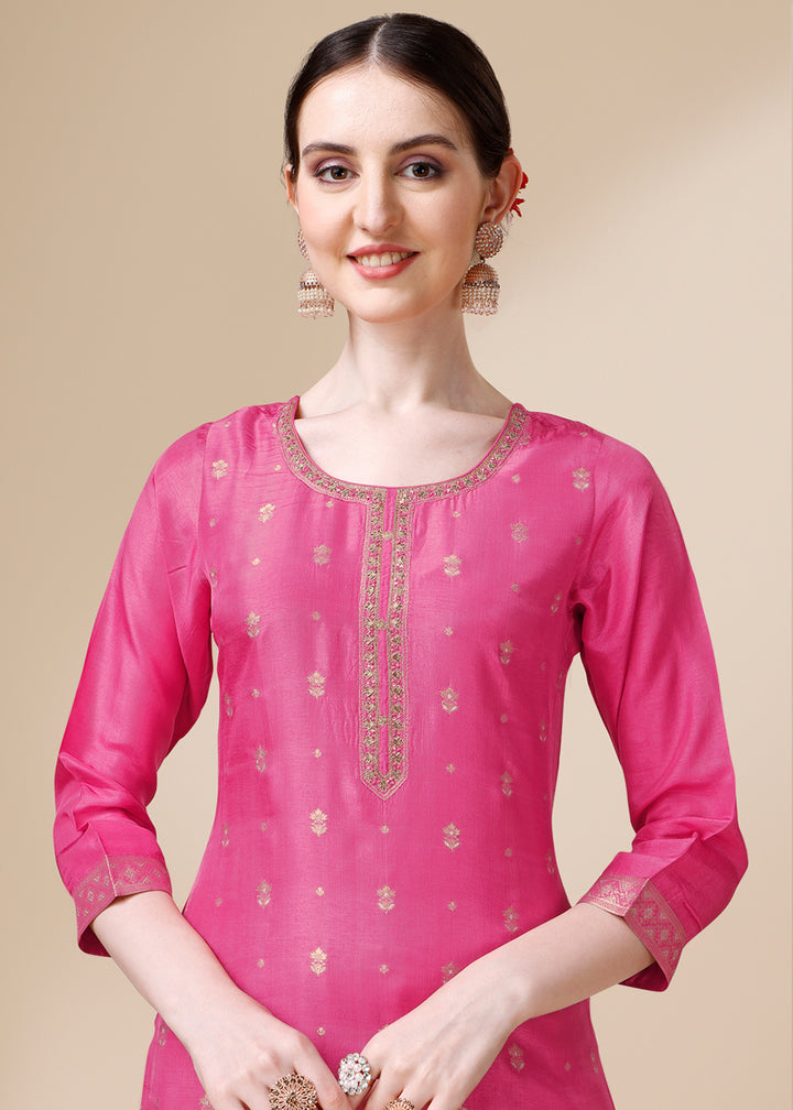 Shocking Pink Dola Silk Suit Featuring Jacquard Pattern Weaving