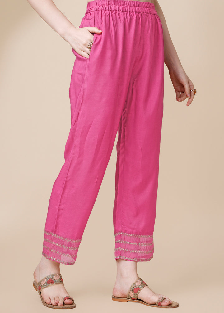 Shocking Pink Dola Silk Suit Featuring Jacquard Pattern Weaving