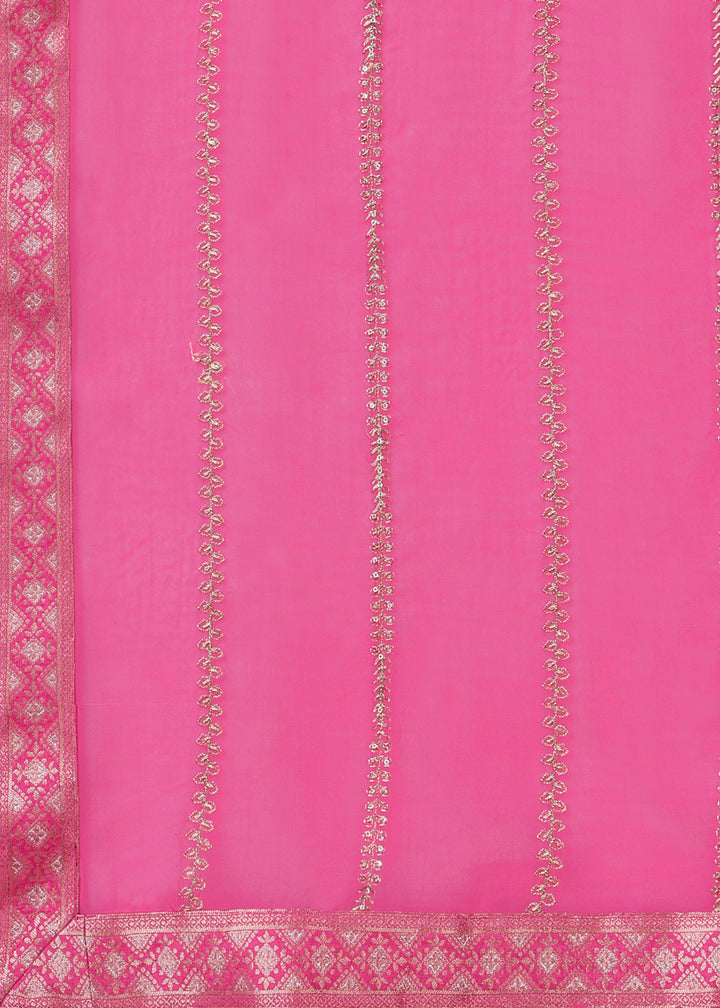 Shocking Pink Dola Silk Suit Featuring Jacquard Pattern Weaving