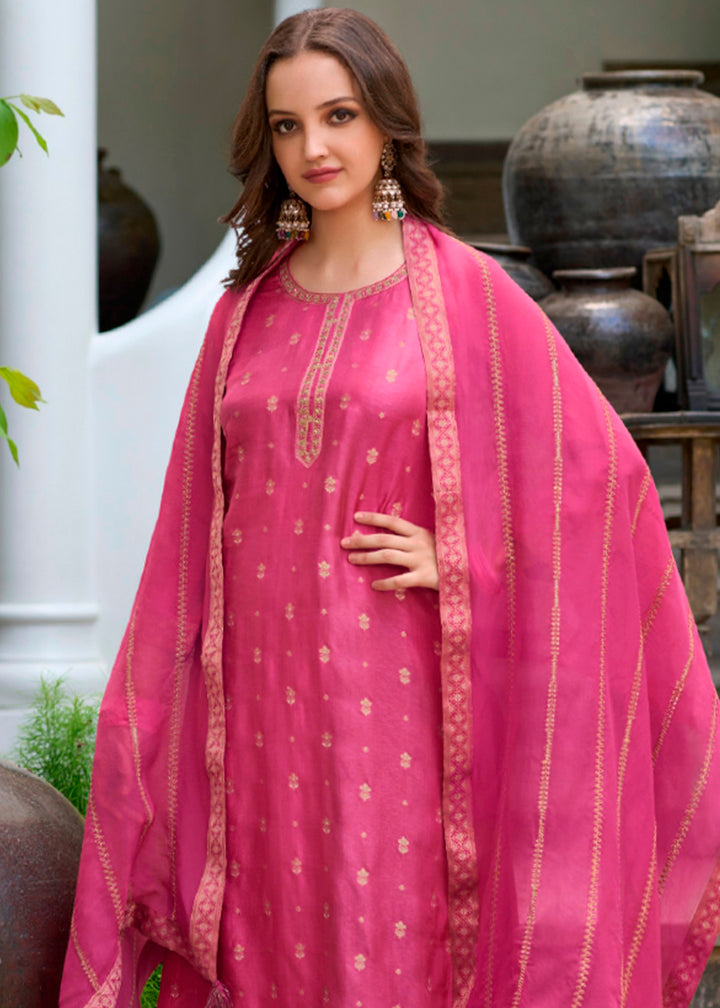 Shocking Pink Dola Silk Suit Featuring Jacquard Pattern Weaving