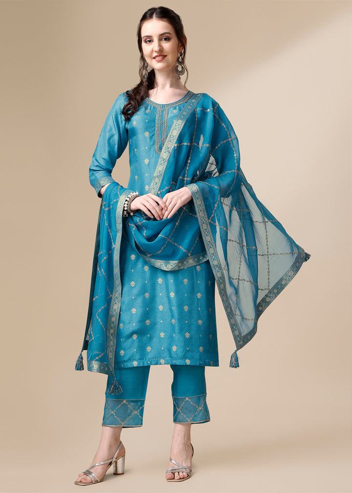 Star Command Blue Dola Silk Suit Featuring Jacquard Pattern Weaving