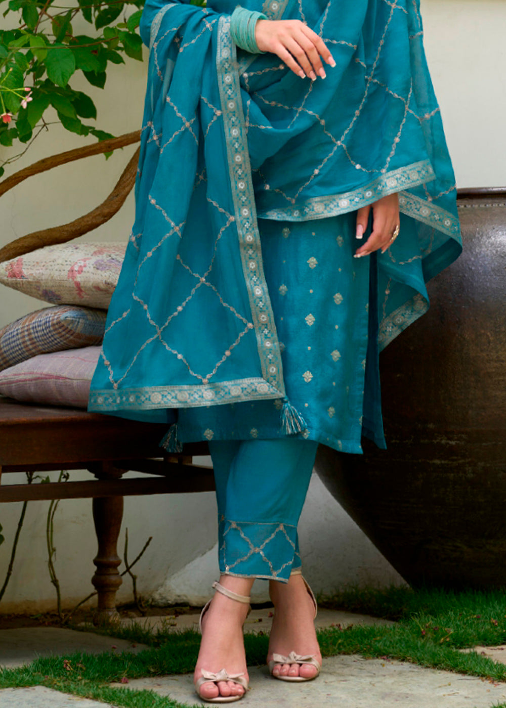 Star Command Blue Dola Silk Suit Featuring Jacquard Pattern Weaving