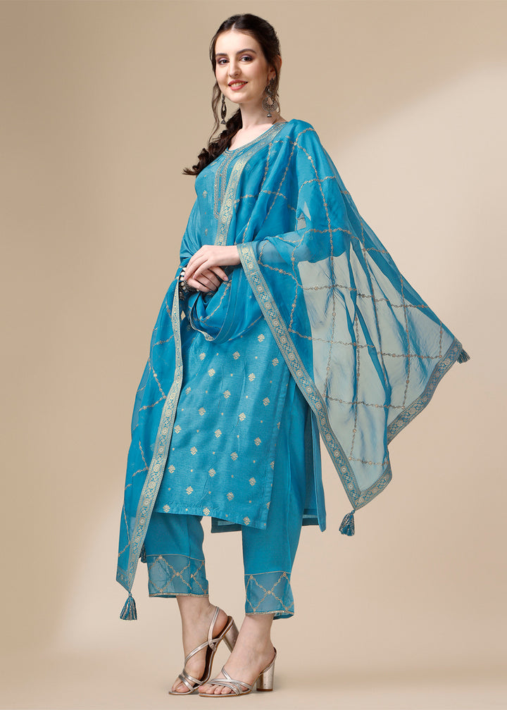 Star Command Blue Dola Silk Suit Featuring Jacquard Pattern Weaving