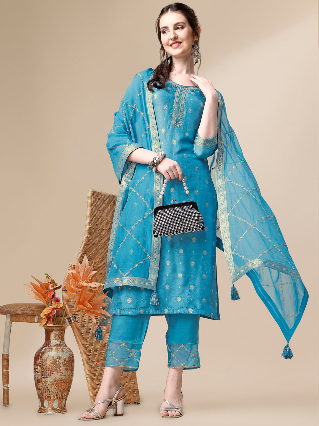 Star Command Blue Dola Silk Suit Featuring Jacquard Pattern Weaving