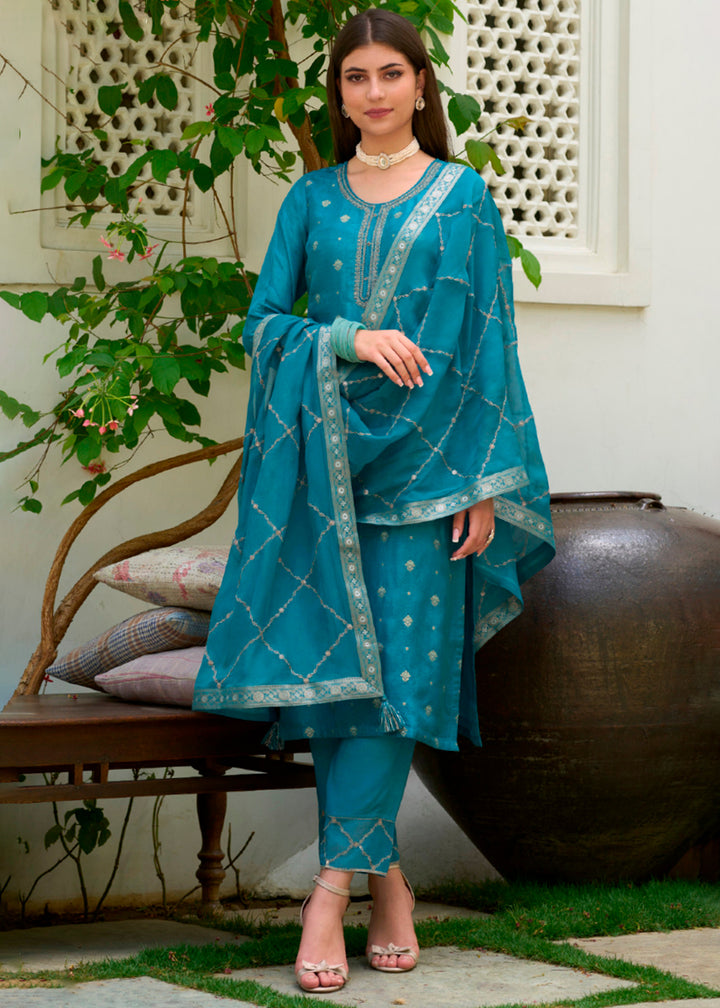 Star Command Blue Dola Silk Suit Featuring Jacquard Pattern Weaving