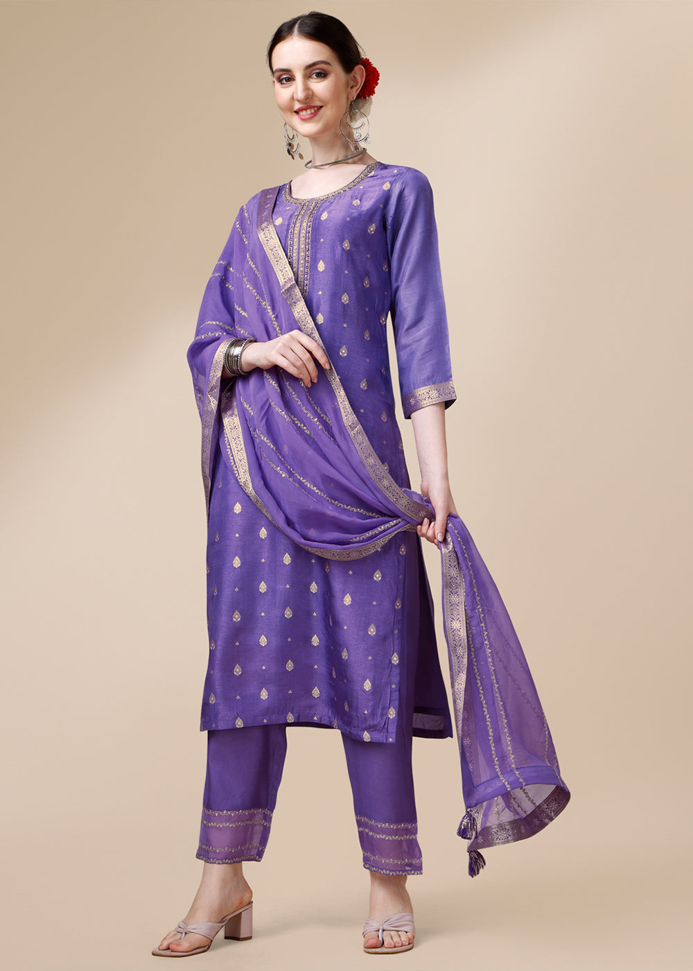 Amethyst Purple Dola Silk Suit Featuring Jacquard Pattern Weaving