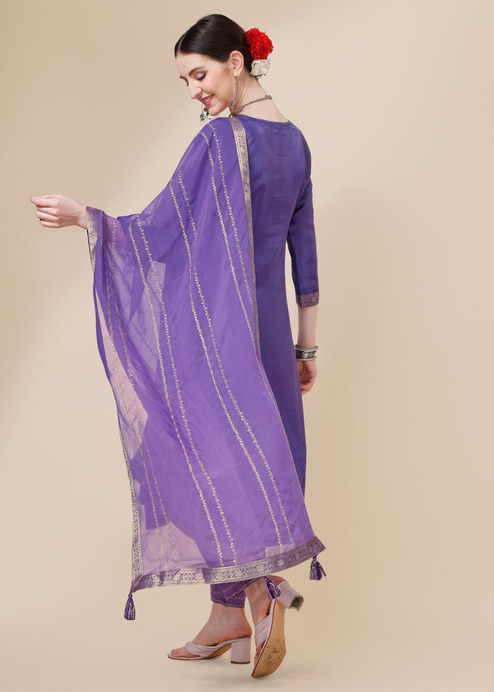 Amethyst Purple Dola Silk Suit Featuring Jacquard Pattern Weaving