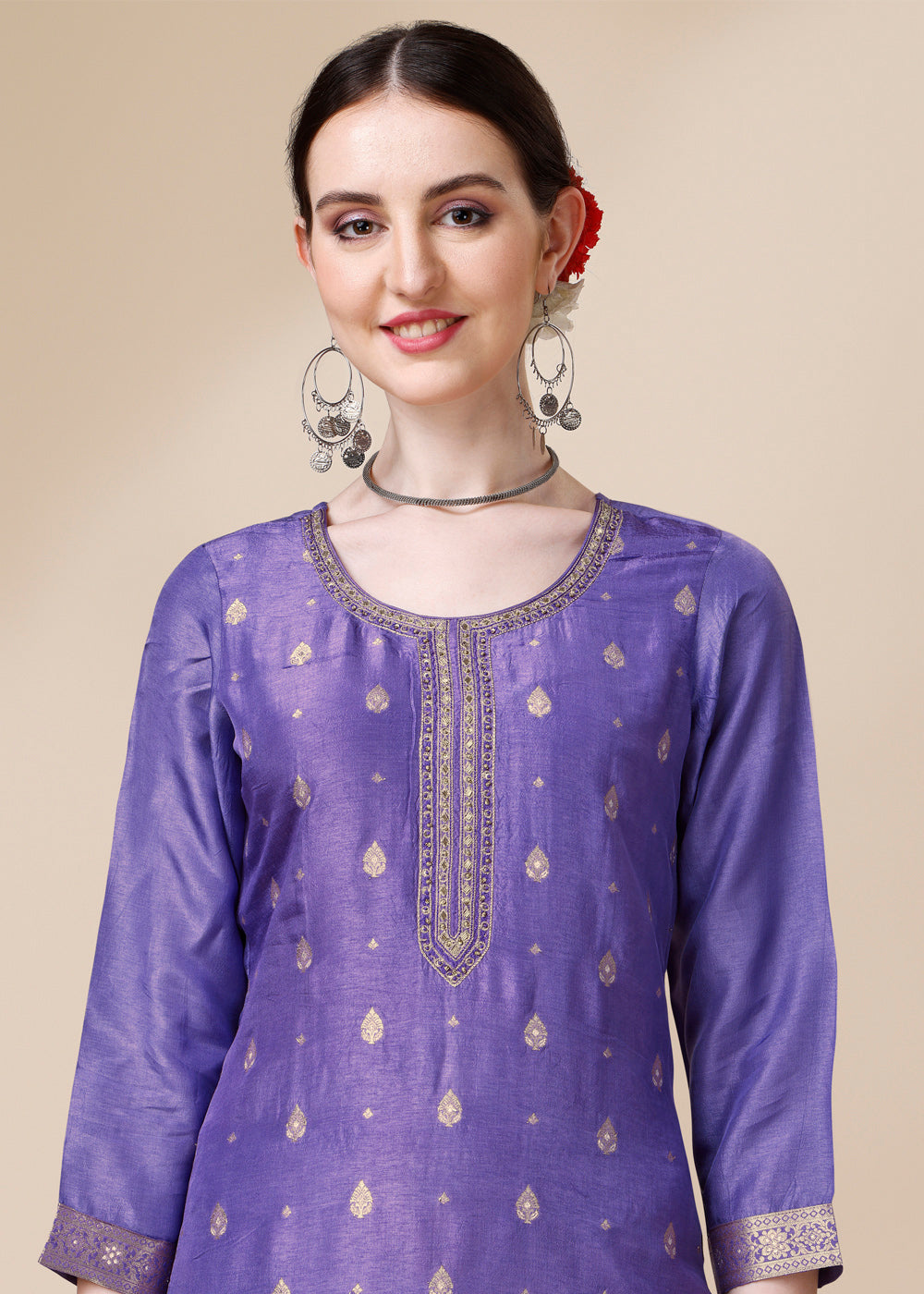 Amethyst Purple Dola Silk Suit Featuring Jacquard Pattern Weaving