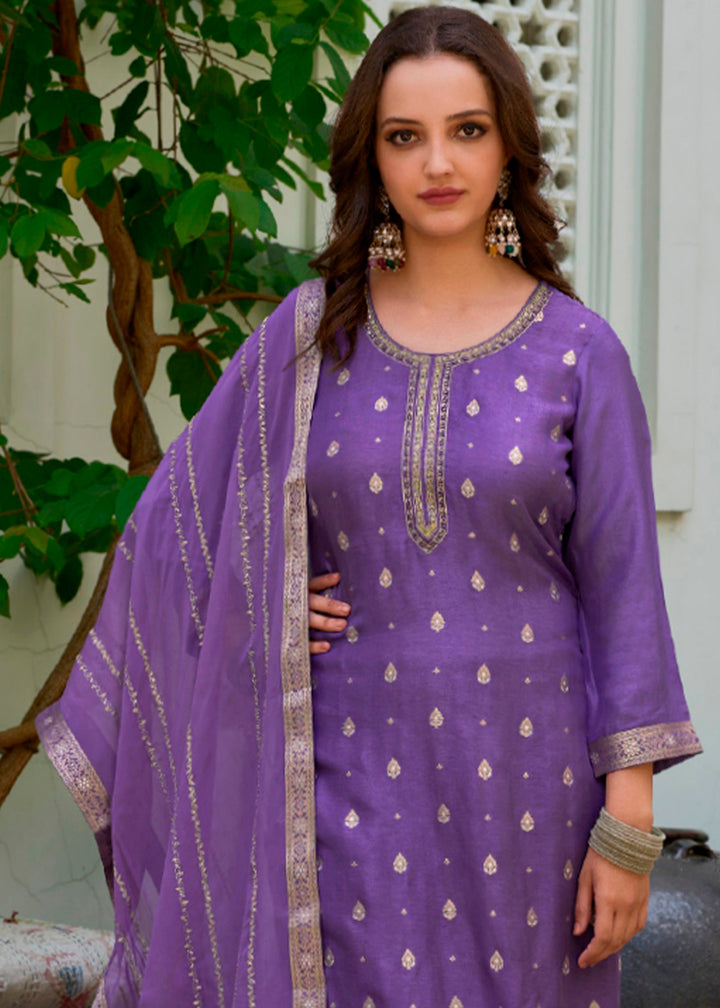 Amethyst Purple Dola Silk Suit Featuring Jacquard Pattern Weaving