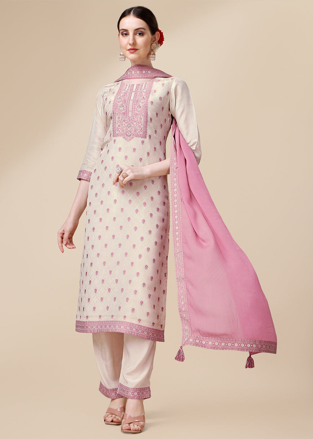 Cream White & Pink Tissue Silk Suit with Elegant Sequins & Zardosi Work