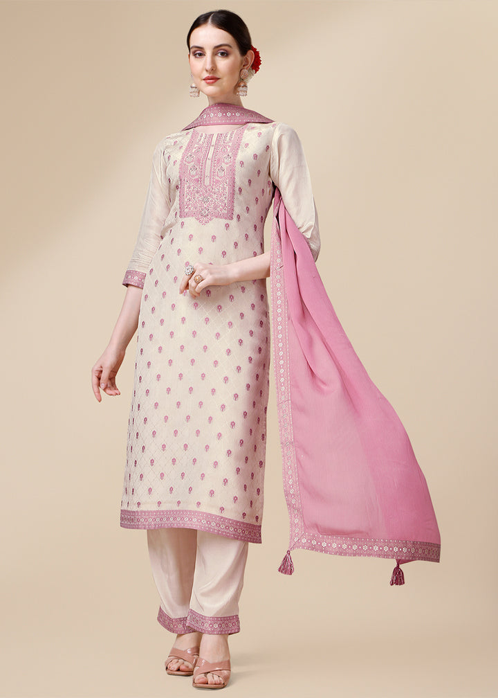 Cream White & Pink Tissue Silk Suit with Elegant Sequins & Zardosi Work