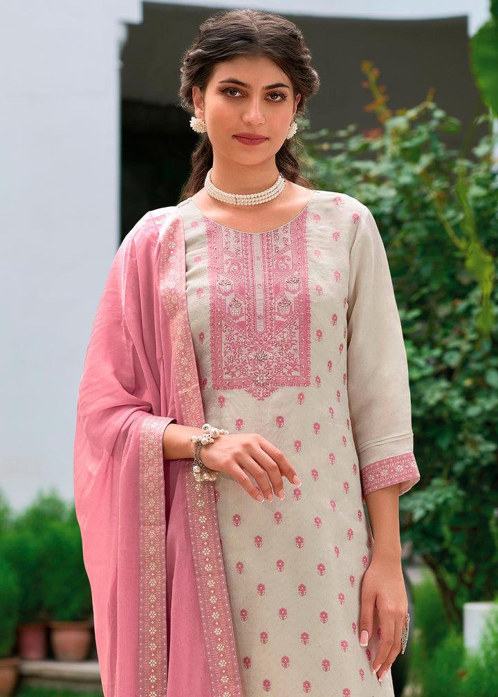 Cream White & Pink Tissue Silk Suit with Elegant Sequins & Zardosi Work