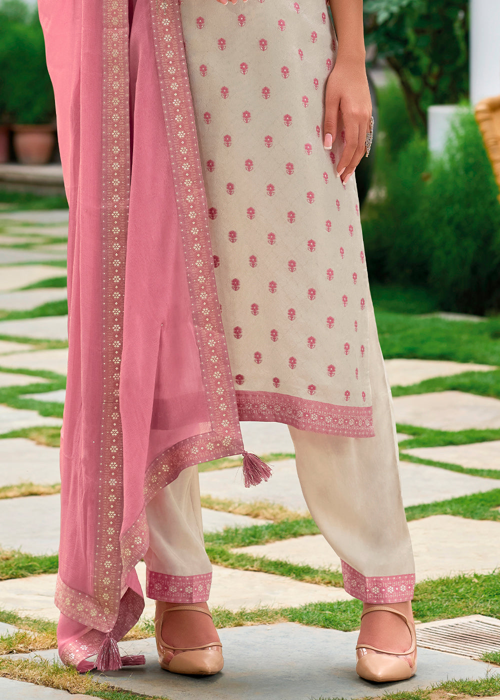 Cream White & Pink Tissue Silk Suit with Elegant Sequins & Zardosi Work