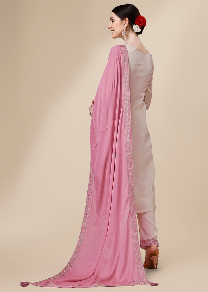 Cream White & Pink Tissue Silk Suit with Elegant Sequins & Zardosi Work