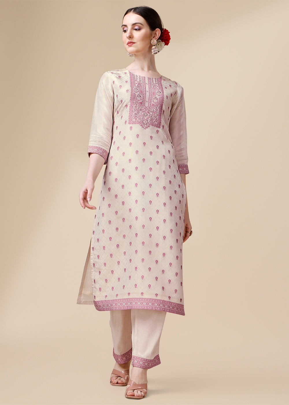 Cream White & Pink Tissue Silk Suit with Elegant Sequins & Zardosi Work