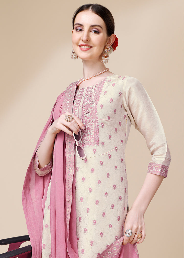 Cream White & Pink Tissue Silk Suit with Elegant Sequins & Zardosi Work