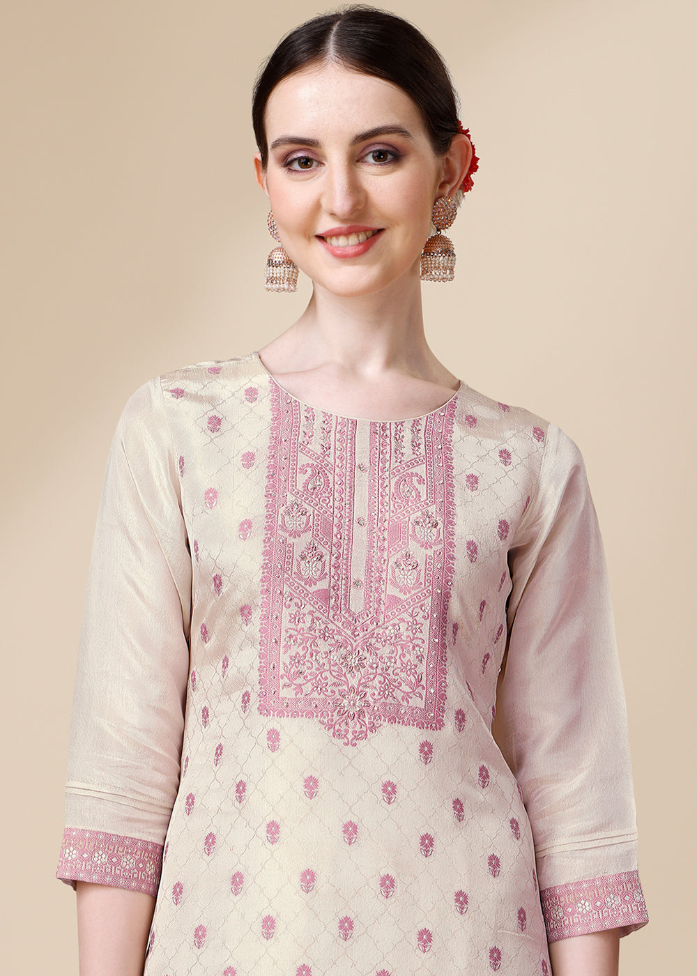 Cream White & Pink Tissue Silk Suit with Elegant Sequins & Zardosi Work