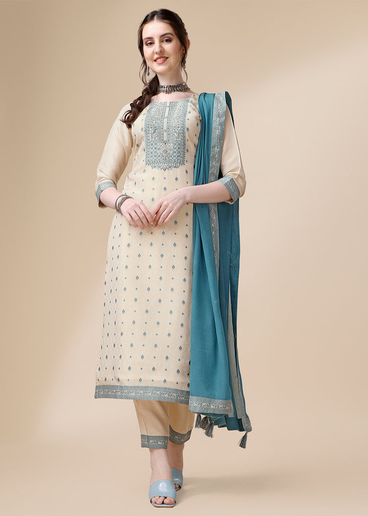 Cream White & Blue Tissue Silk Suit with Elegant Sequins & Zardosi Work