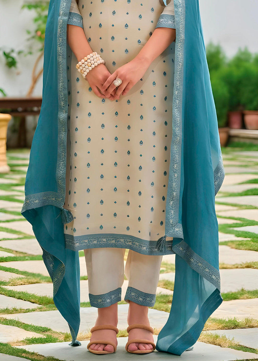 Cream White & Blue Tissue Silk Suit with Elegant Sequins & Zardosi Work