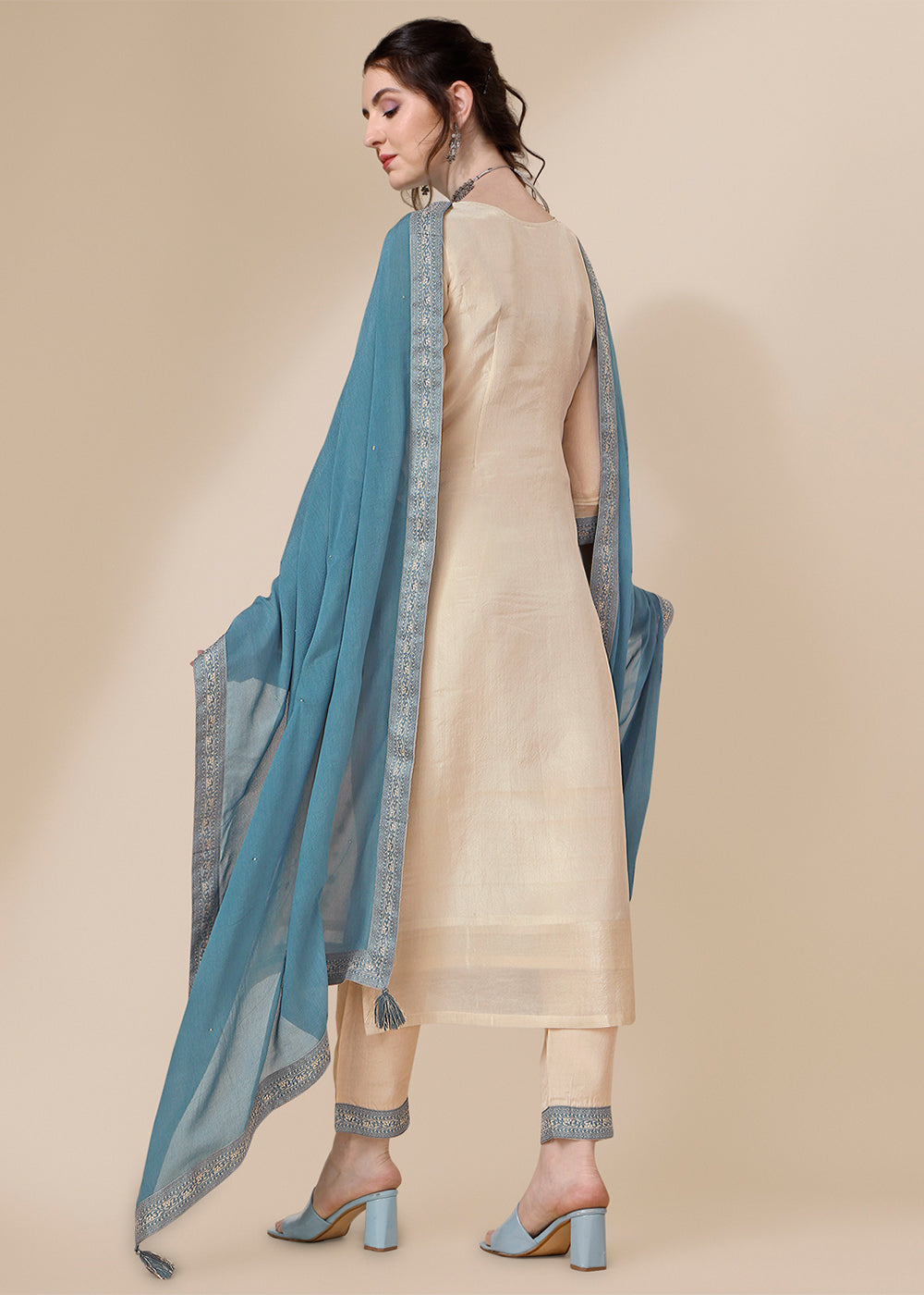 Cream White & Blue Tissue Silk Suit with Elegant Sequins & Zardosi Work