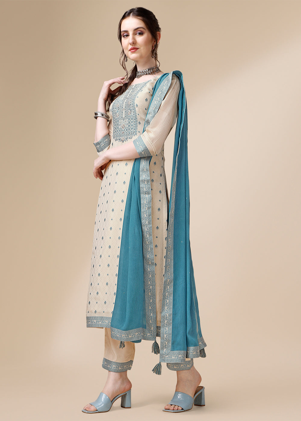 Cream White & Blue Tissue Silk Suit with Elegant Sequins & Zardosi Work