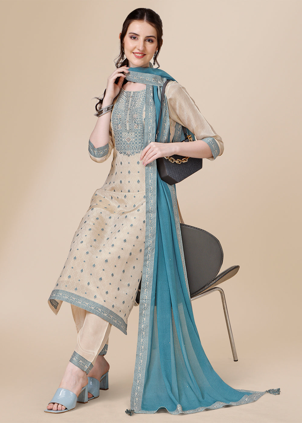 Cream White & Blue Tissue Silk Suit with Elegant Sequins & Zardosi Work