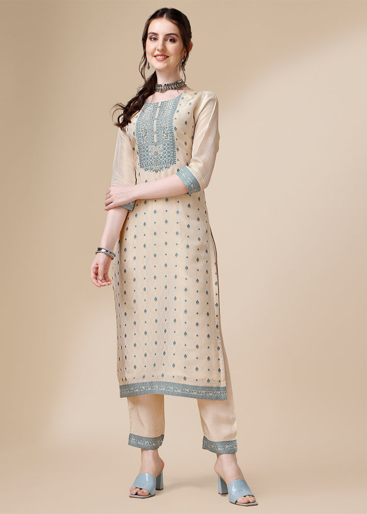 Cream White & Blue Tissue Silk Suit with Elegant Sequins & Zardosi Work