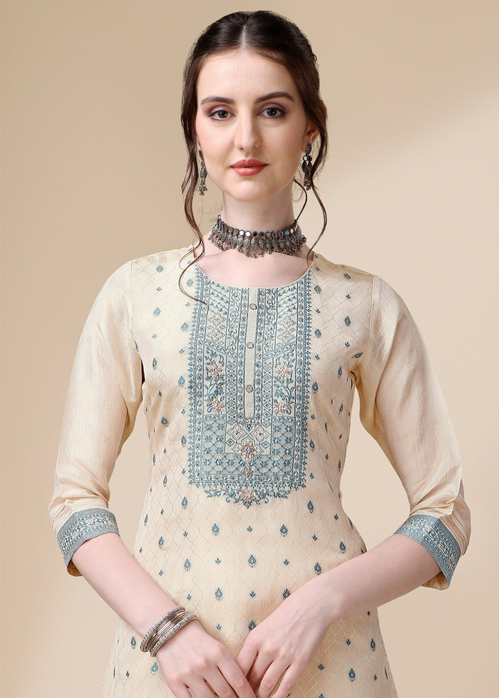 Cream White & Blue Tissue Silk Suit with Elegant Sequins & Zardosi Work