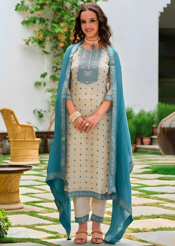 Cream White & Blue Tissue Silk Suit with Elegant Sequins & Zardosi Work