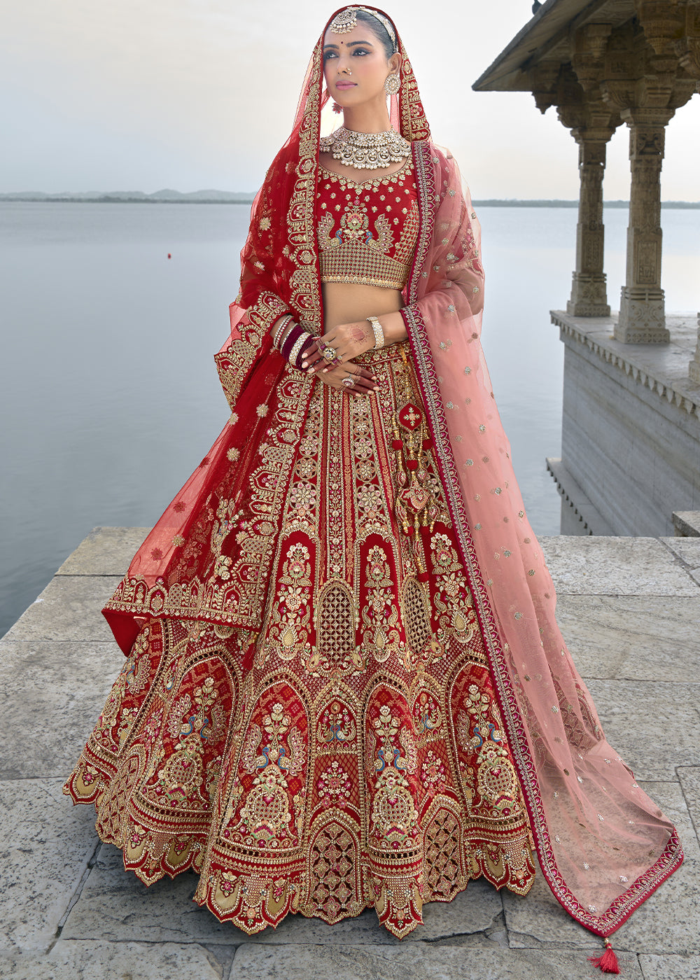 Scarlet Red Banarasi Silk Lehenga Choli with Elegant Khatli Work and Handcrafted Embroidery