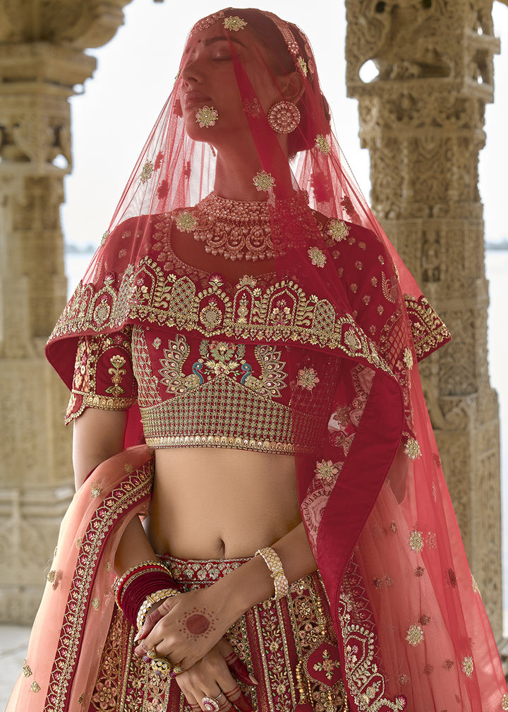 Scarlet Red Banarasi Silk Lehenga Choli with Elegant Khatli Work and Handcrafted Embroidery