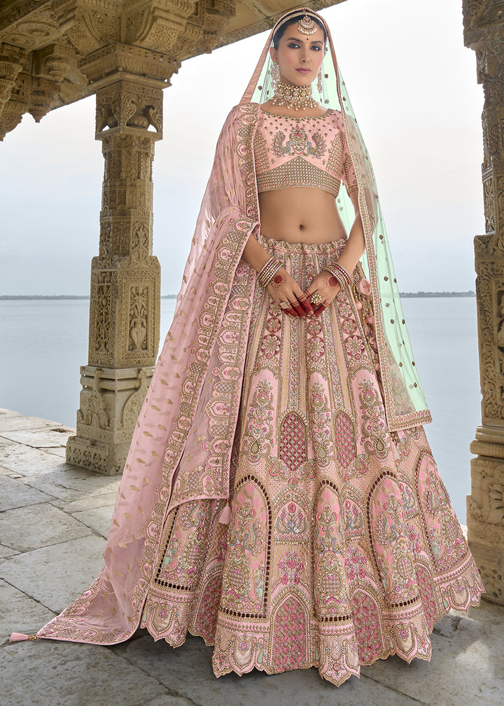 Blossom Pink Banarasi Silk Lehenga Choli with Elegant Khatli Work and Handcrafted Embroidery