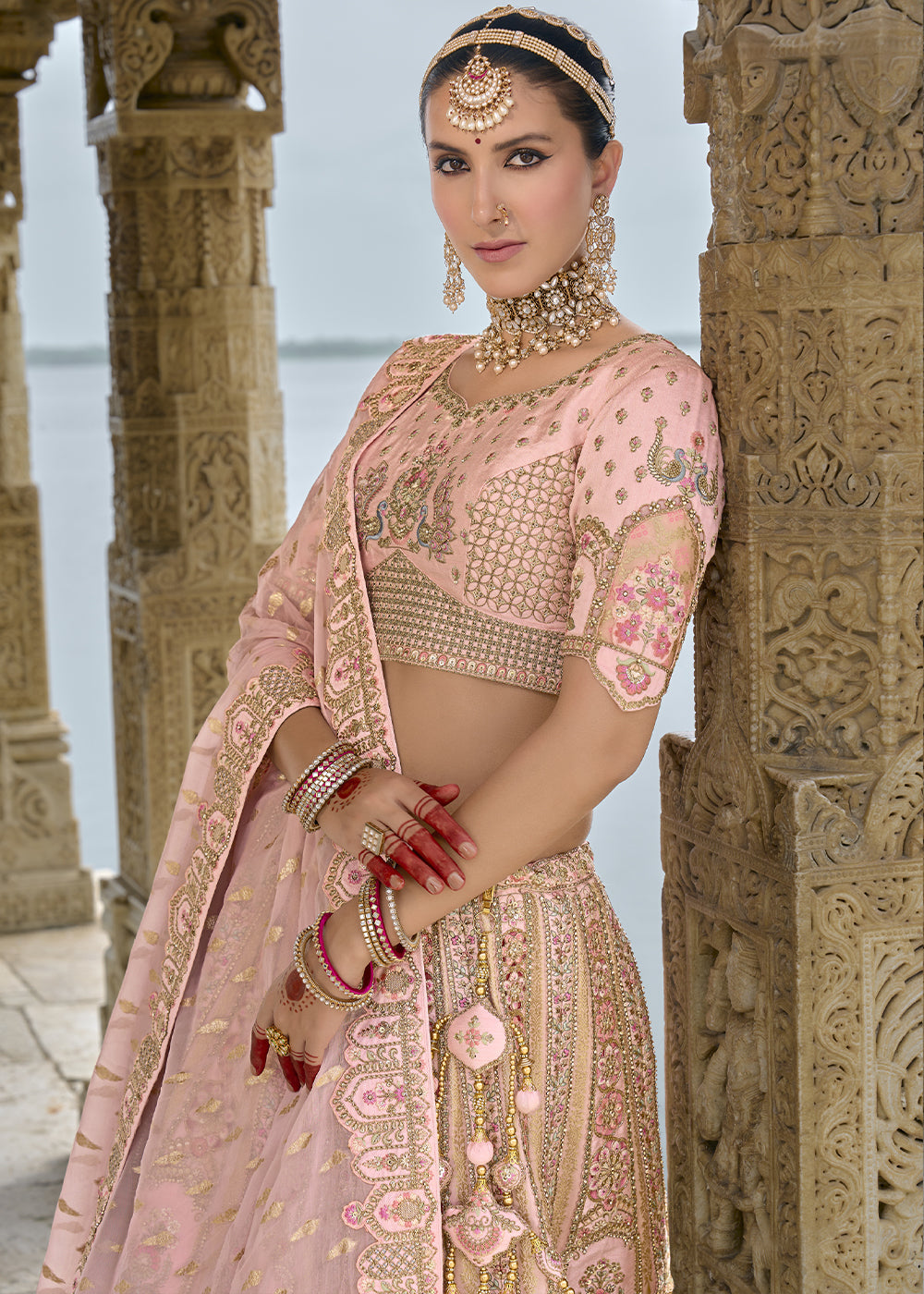 Blossom Pink Banarasi Silk Lehenga Choli with Elegant Khatli Work and Handcrafted Embroidery