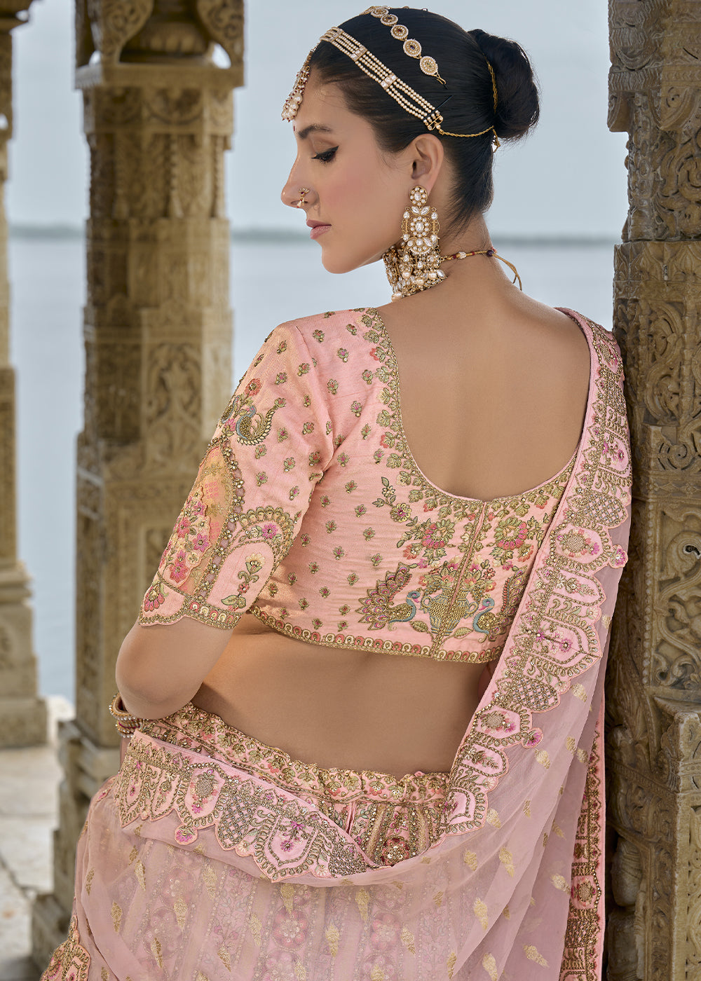 Blossom Pink Banarasi Silk Lehenga Choli with Elegant Khatli Work and Handcrafted Embroidery