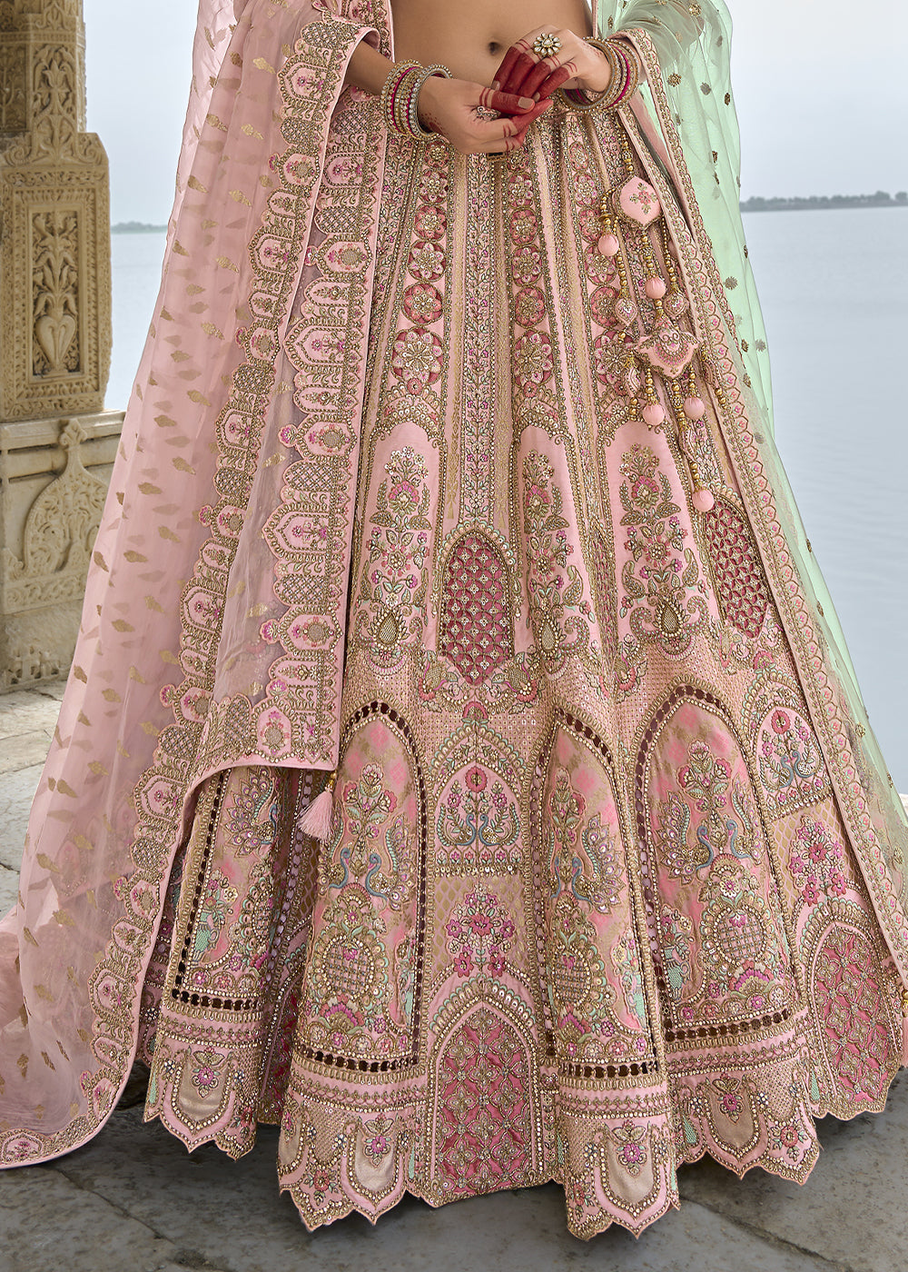 Blossom Pink Banarasi Silk Lehenga Choli with Elegant Khatli Work and Handcrafted Embroidery