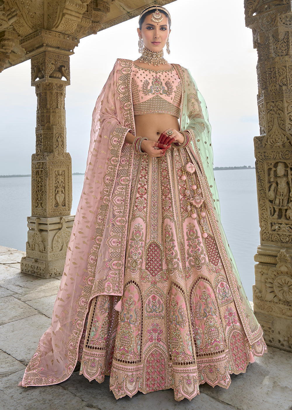 Blossom Pink Banarasi Silk Lehenga Choli with Elegant Khatli Work and Handcrafted Embroidery