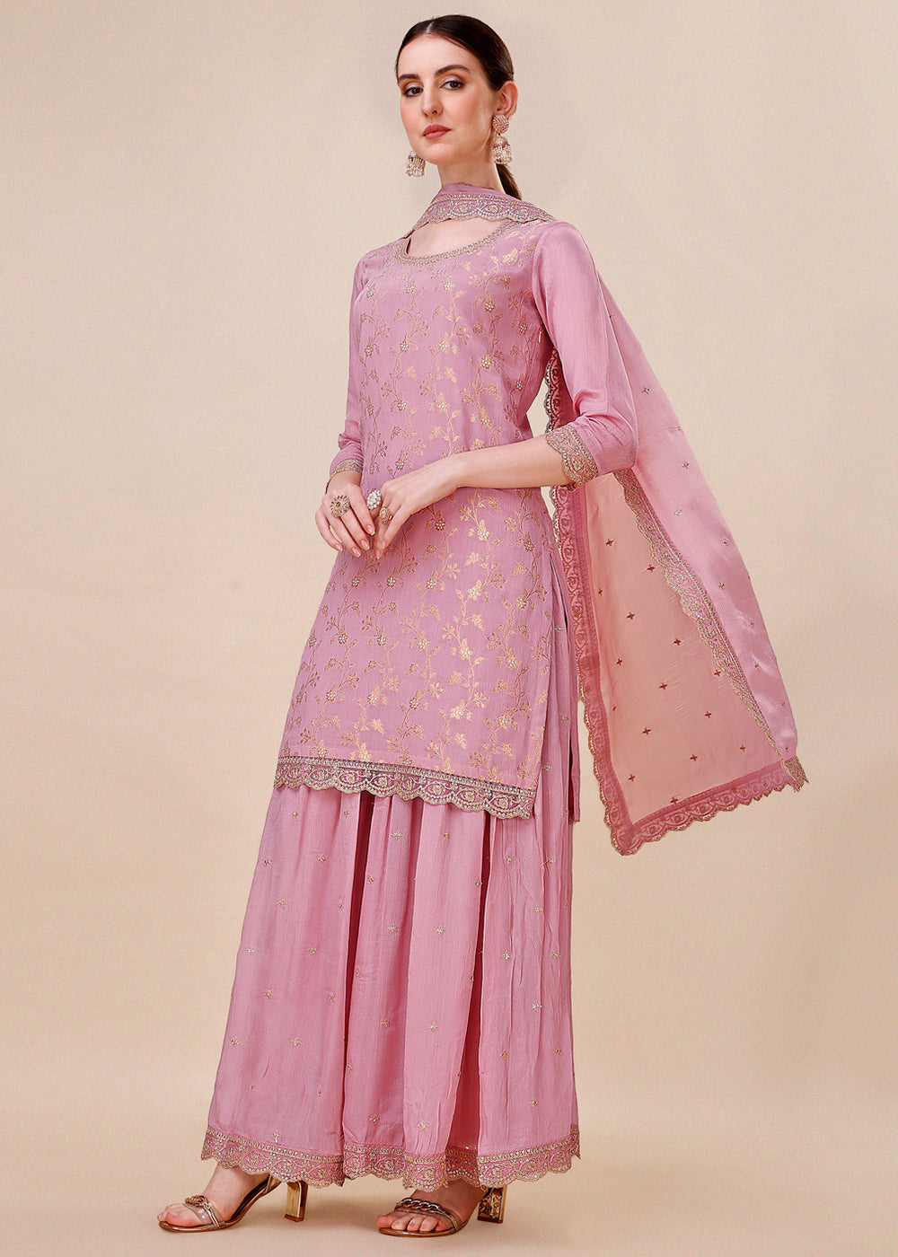 Sweet Lilac Purple Chinon Silk Suit Featuring Jacquard Pattern Weaving