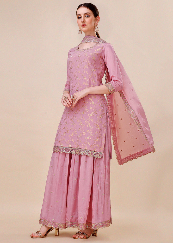 Sweet Lilac Purple Chinon Silk Suit Featuring Jacquard Pattern Weaving