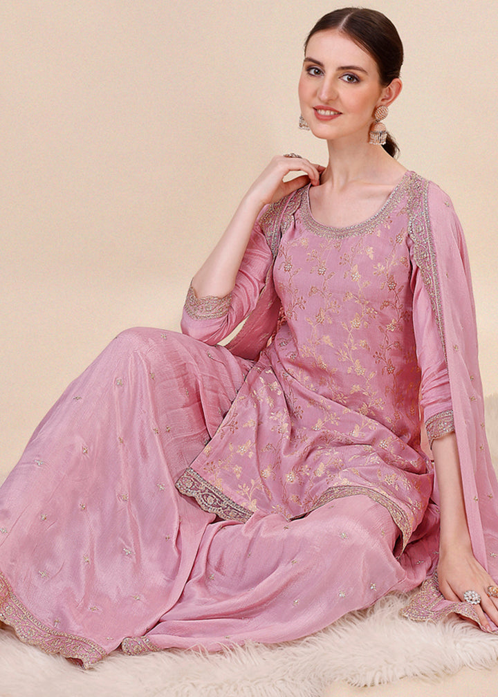 Sweet Lilac Purple Chinon Silk Suit Featuring Jacquard Pattern Weaving