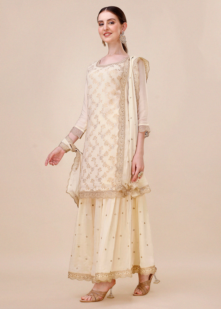 Off White Chinon Silk Suit Featuring Jacquard Pattern Weaving