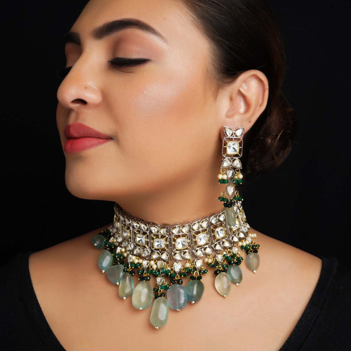 Bushra Mint Green Rhodium Plated Victorian Necklace Set