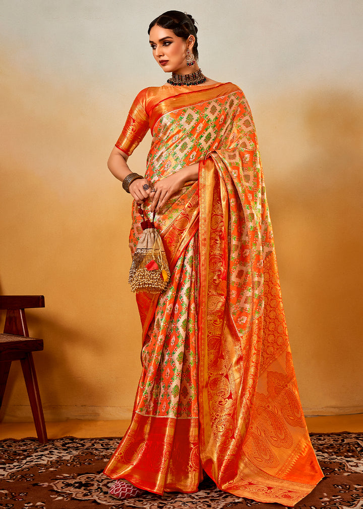 White & Red Zari-Woven Silk Saree with Bold Contrast Border