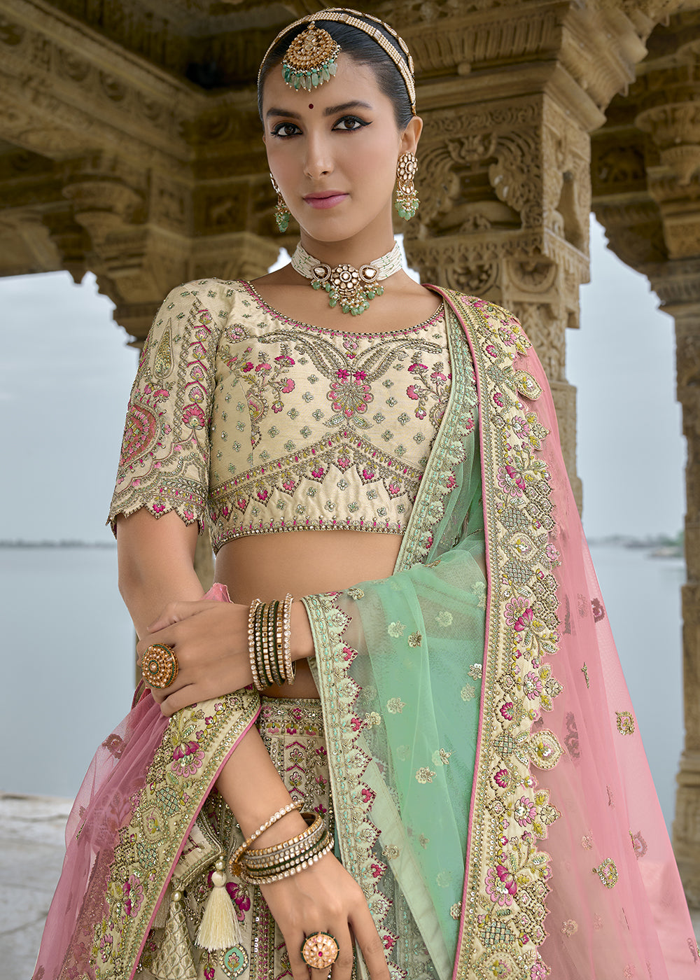 Cream White Banarasi Silk Lehenga Choli with Elegant Khatli Work and Handcrafted Embroidery