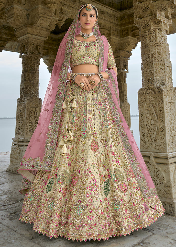 Cream White Banarasi Silk Lehenga Choli with Elegant Khatli Work and Handcrafted Embroidery