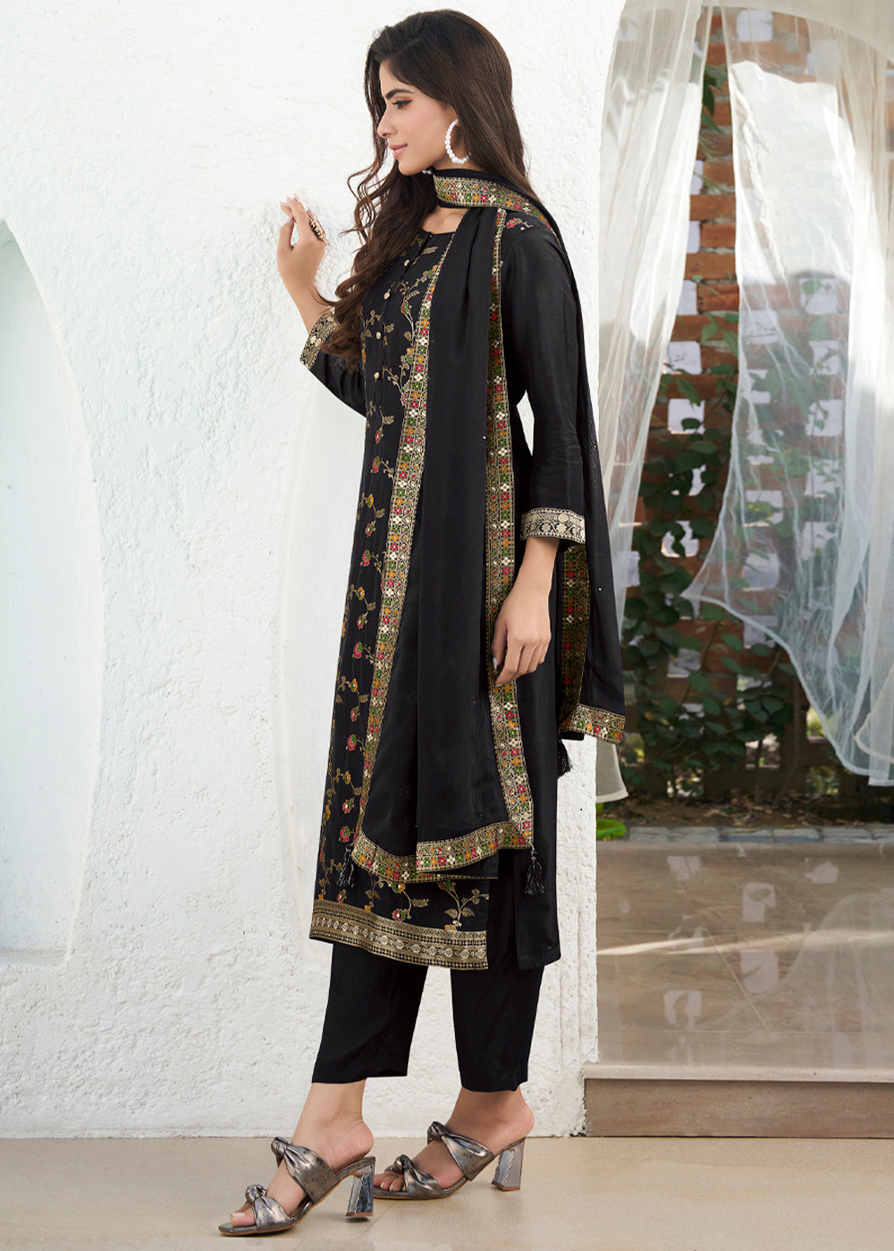 Onyx Black Dola Silk Suit Featuring Jacquard Floral Meena Work