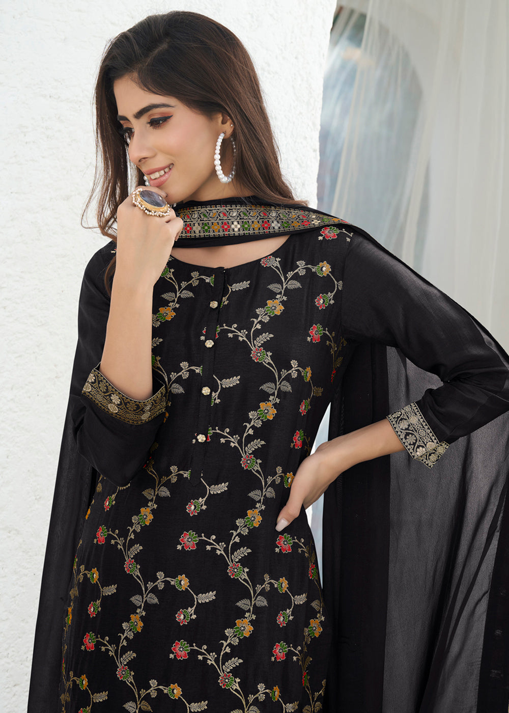 Onyx Black Dola Silk Suit Featuring Jacquard Floral Meena Work