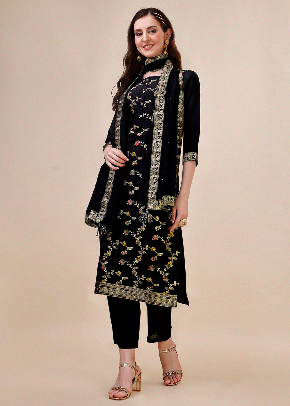 Onyx Black Dola Silk Suit Featuring Jacquard Floral Meena Work