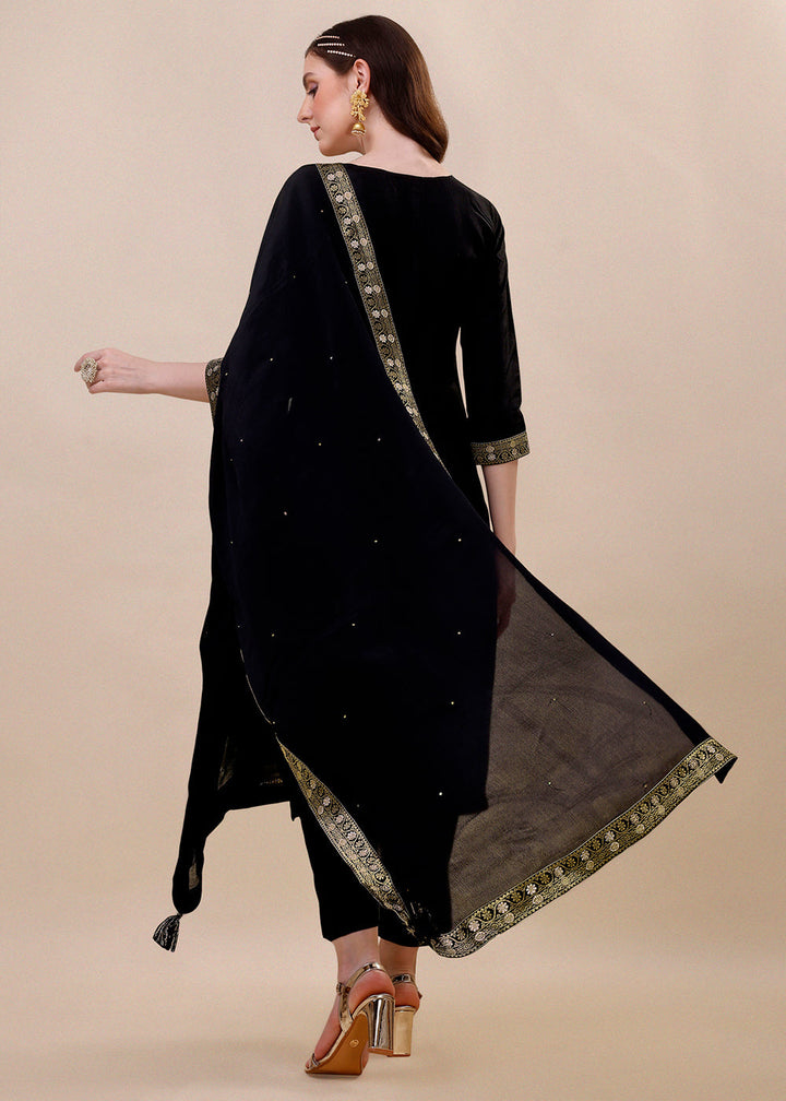 Onyx Black Dola Silk Suit Featuring Jacquard Floral Meena Work