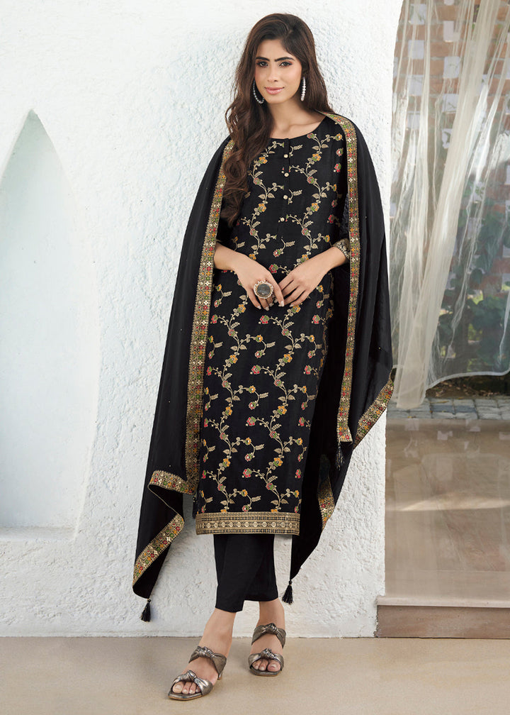 Onyx Black Dola Silk Suit Featuring Jacquard Floral Meena Work