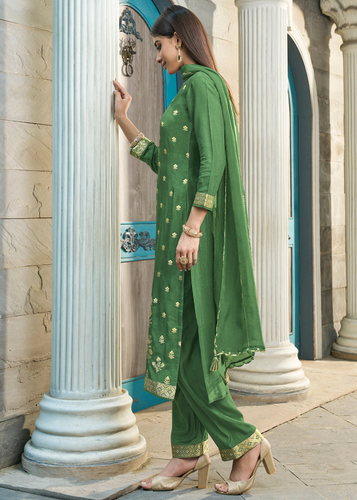 Shamrock Green Suit in Dola Silk Featuring Jacquard Pattern Weaving